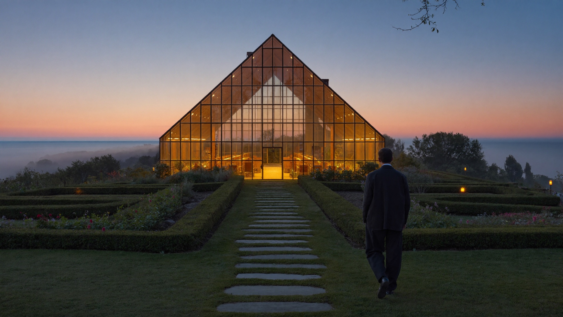 Conceptbeeld: een mens wandelt bij zonsopkomst naar een warm verlichte kas in een tuin